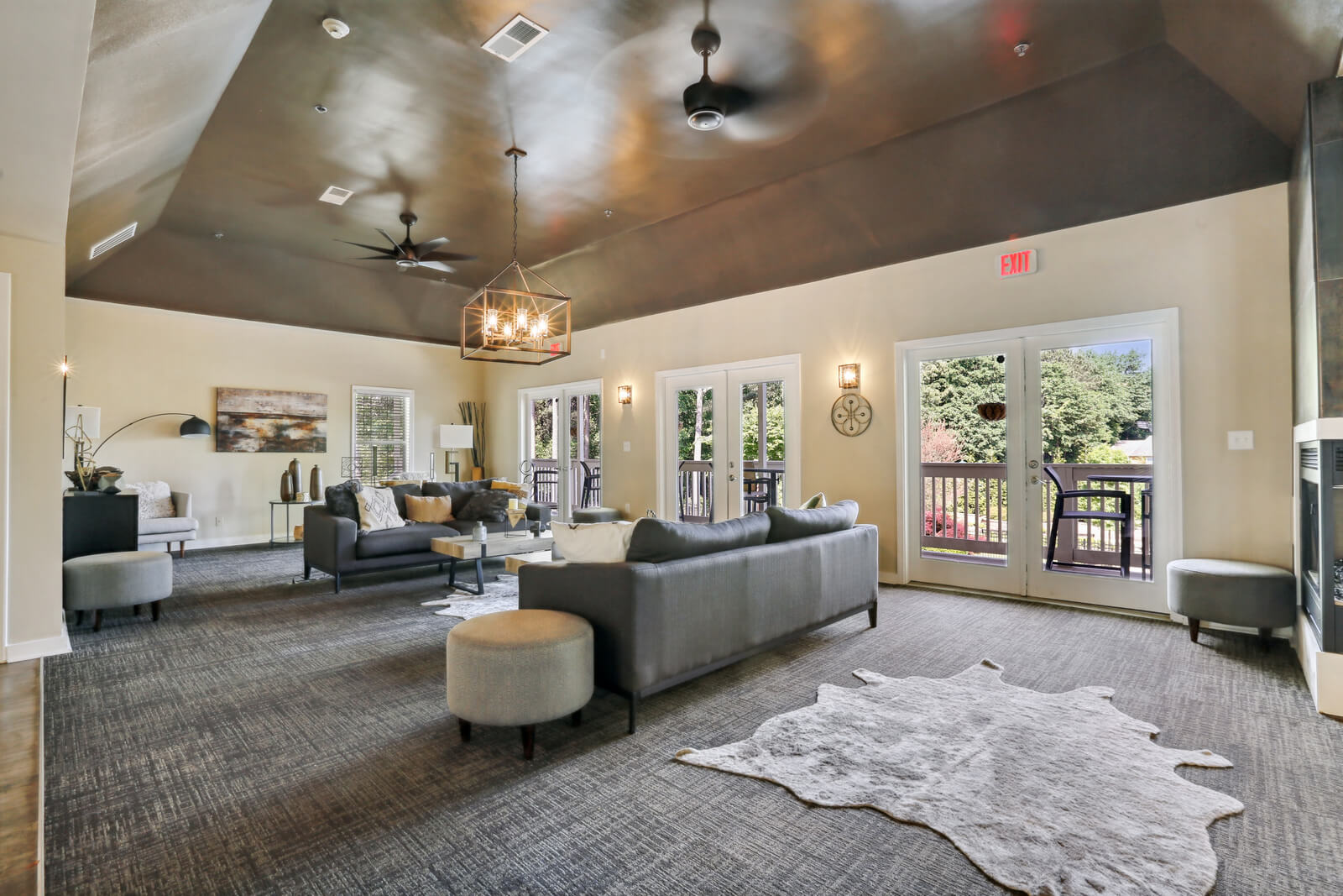 Clubhouse with modern furniture on carpeted area