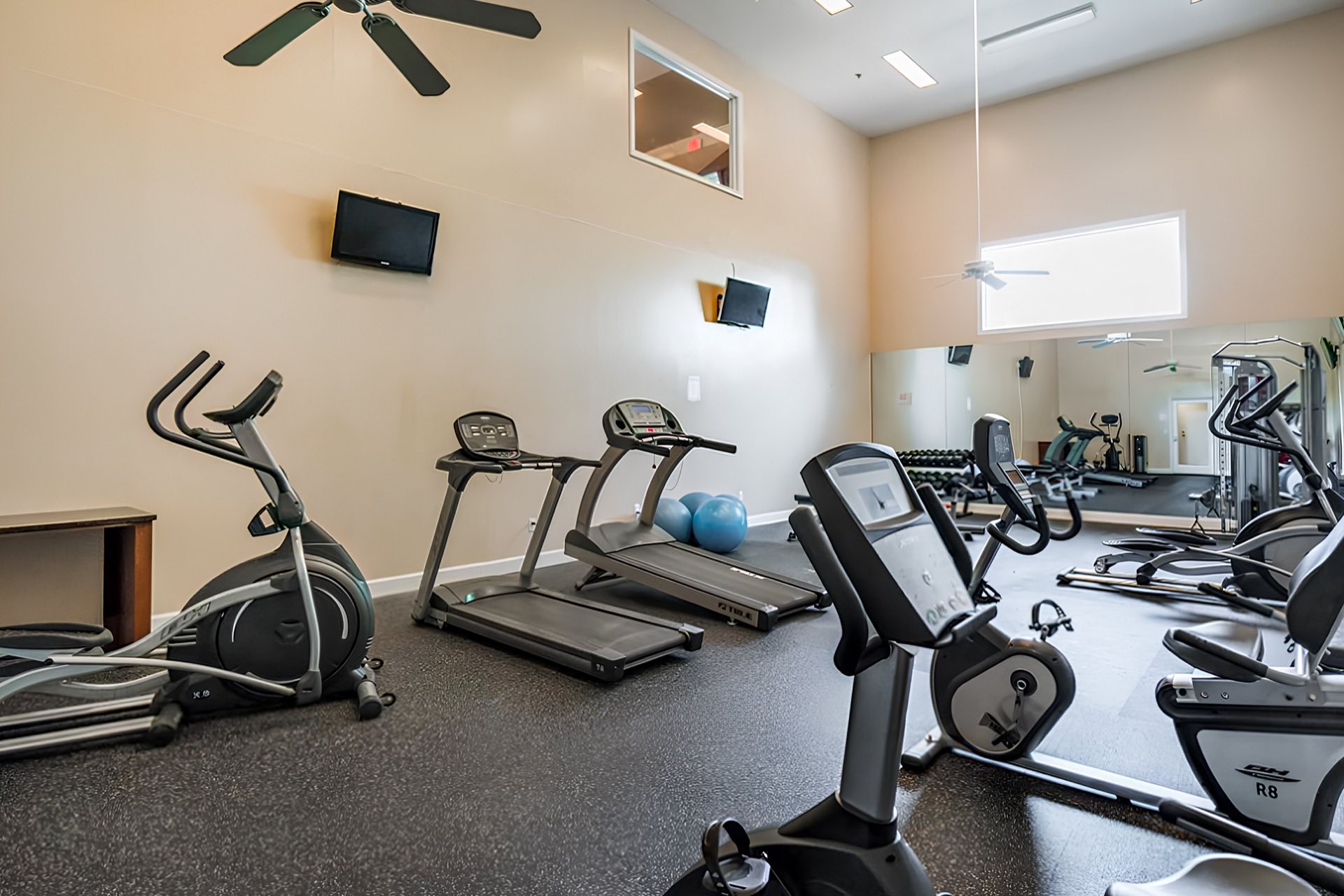 Private gym with treadmills and elliptical machines