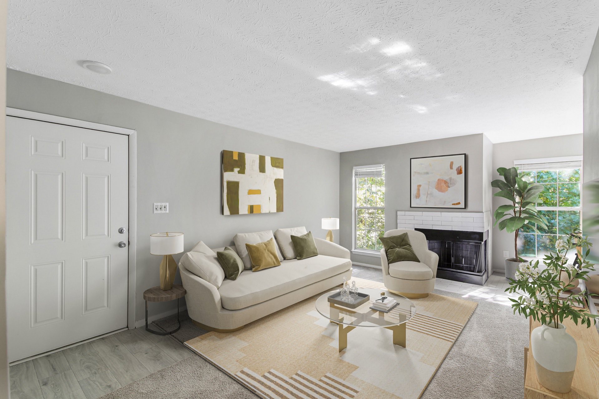 living room with plush carpeting and natural lighting