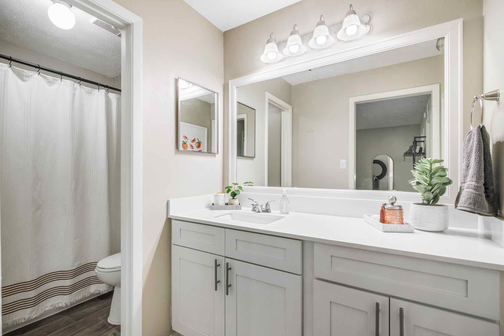 Bathroom with large vanity and shower/tub combo