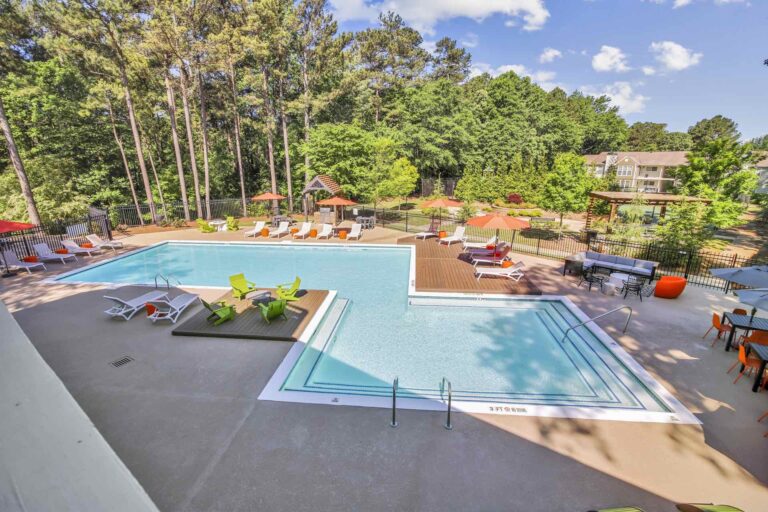 Pool and pool deck with multiple seating options
